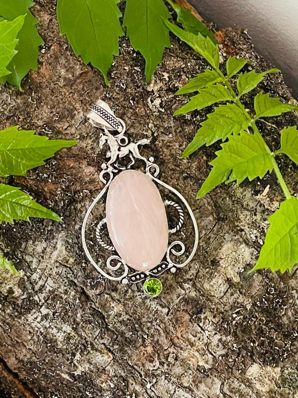 Rose Quartz Peridot 925 Sterling Silver Pendant